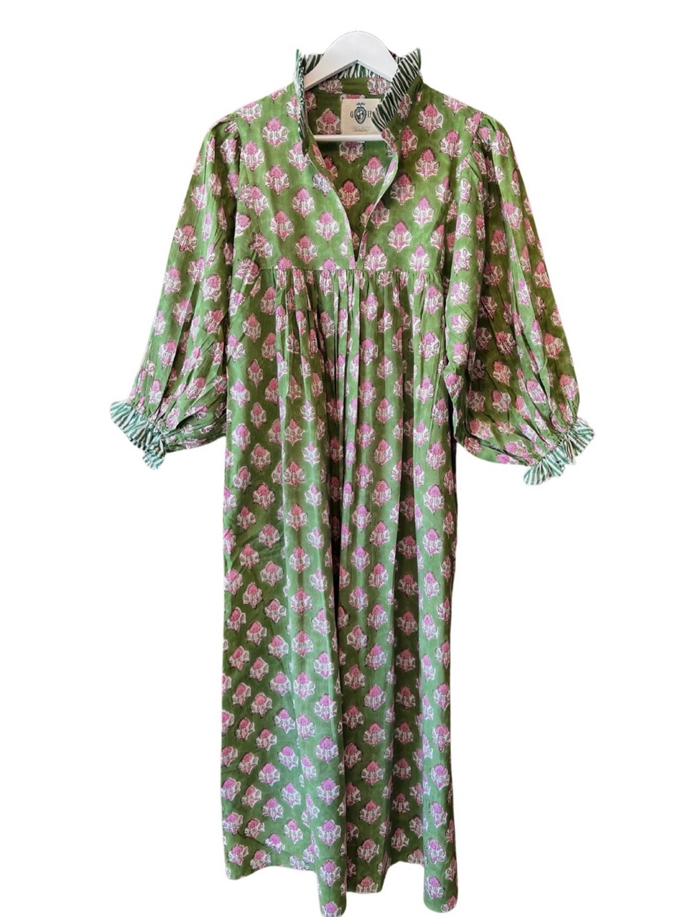 Grace Harris Collection Block Print Green Floral Caftan Maxi Dress